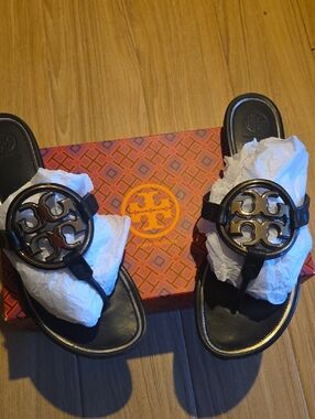Tory Burch Black Leather Logo Thong Sandals with Gold Accents